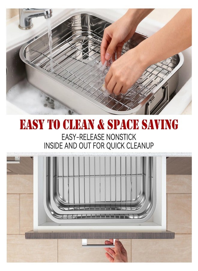Ferrochef 2 Set Stainless Steel Roasting Pan with Rack and Handle for Oven Roasting Pans 15.5/13 Inch Stainless Steel Pan for Chicken Vegetable Beef Turkey Kitchen Cookware Gifts for Women Homeowner - Image 4