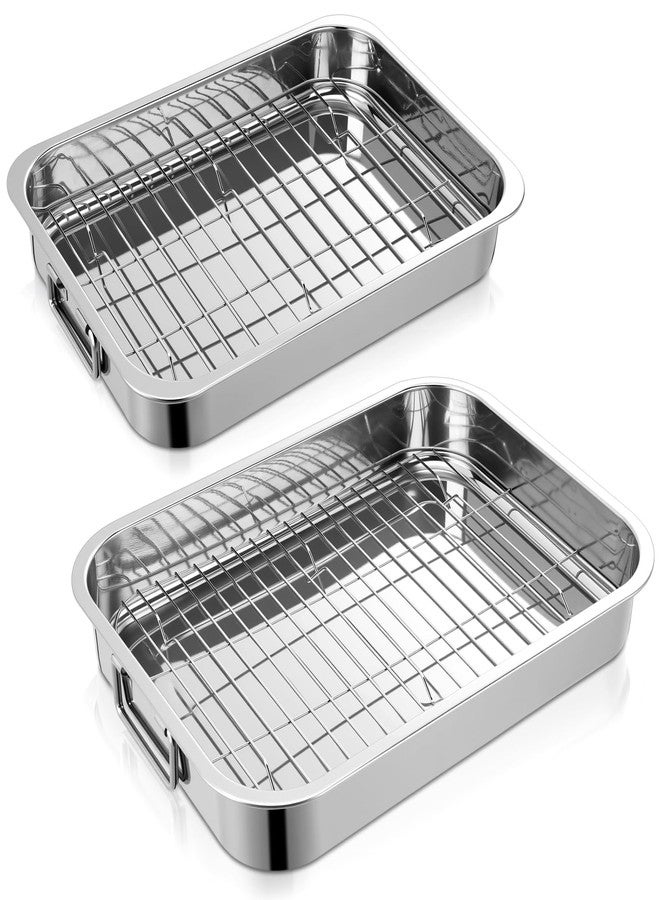 Ferrochef 2 Set Stainless Steel Roasting Pan with Rack and Handle for Oven Roasting Pans 15.5/13 Inch Stainless Steel Pan for Chicken Vegetable Beef Turkey Kitchen Cookware Gifts for Women Homeowner - Image 1