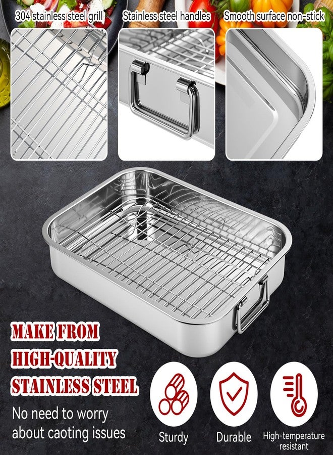 Ferrochef 2 Set Stainless Steel Roasting Pan with Rack and Handle for Oven Roasting Pans 15.5/13 Inch Stainless Steel Pan for Chicken Vegetable Beef Turkey Kitchen Cookware Gifts for Women Homeowner - Image 3