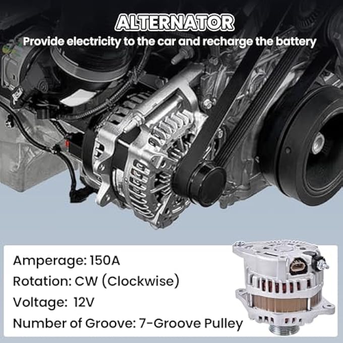 hodflop 23100-3JA1A Alternator Compatible with Nissan Murano 2015-2017, Pathfinder 2013-2017, for Infiniti QX60 2014-2016, JX35 2013, 2.5L 3.5L 12V 150A 7-Groove Pulley A003TJ3991 11538N 231003JA1A - Image 3