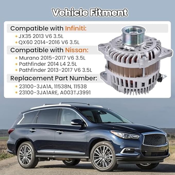 hodflop 23100-3JA1A Alternator Compatible with Nissan Murano 2015-2017, Pathfinder 2013-2017, for Infiniti QX60 2014-2016, JX35 2013, 2.5L 3.5L 12V 150A 7-Groove Pulley A003TJ3991 11538N 231003JA1A - Image 2