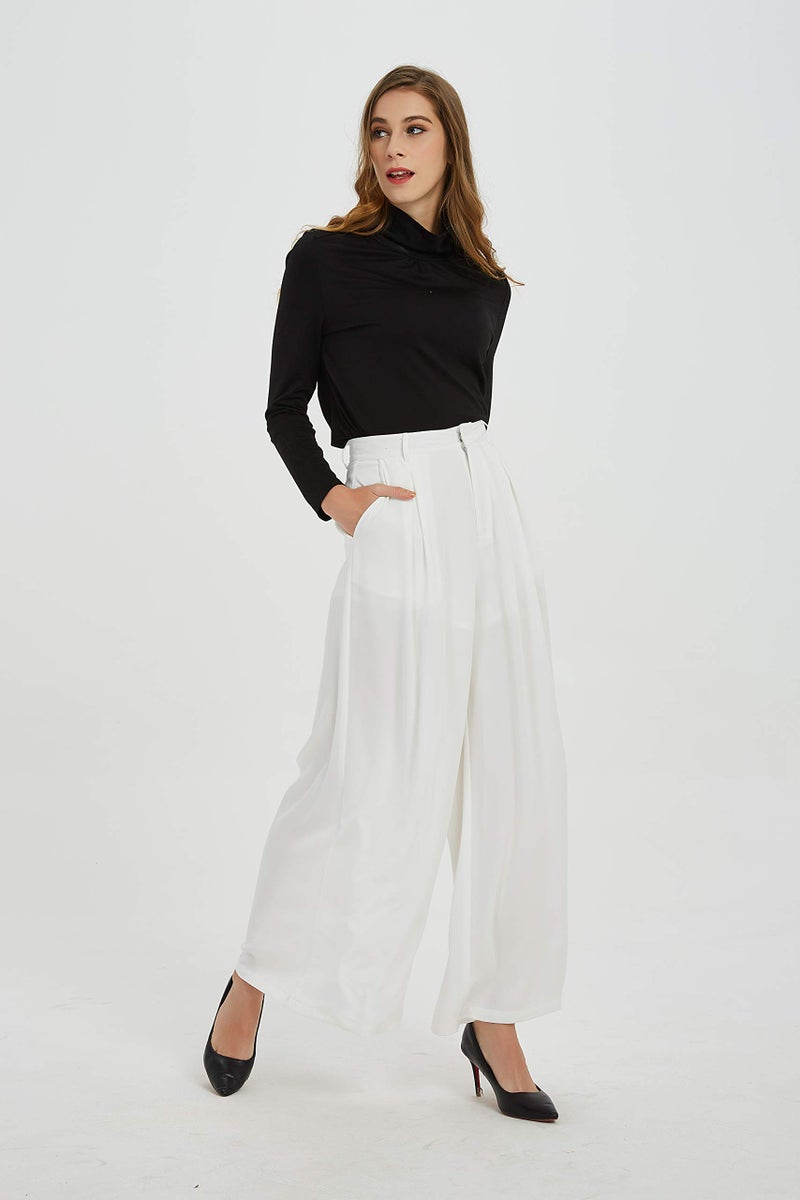 Tronjori Women High Waist Casual Wide Leg Long Palazzo Pants Trousers Regular Size(XS,Ivory White Short) - Image 3