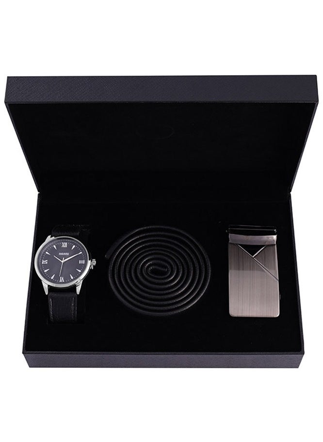 ANDIAMO Men's Analog Metal Case Black Dial Black Leather Strap, Leather Belt Set 