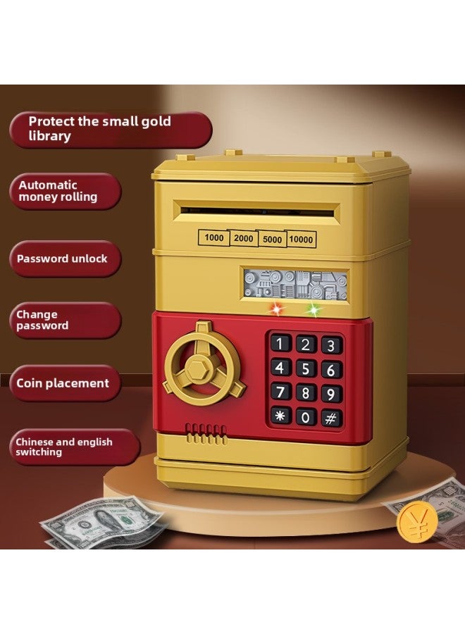 Children's Piggy Bank Can Be Stored With Multi-function Password To Unlock Automatic Money Roll With Light Large Number Safe Toy-Color:[spray Paint-gold] Password Money Storage Cabinet [color Box]-Size:12.5*12.5*18.7CM - Image 1