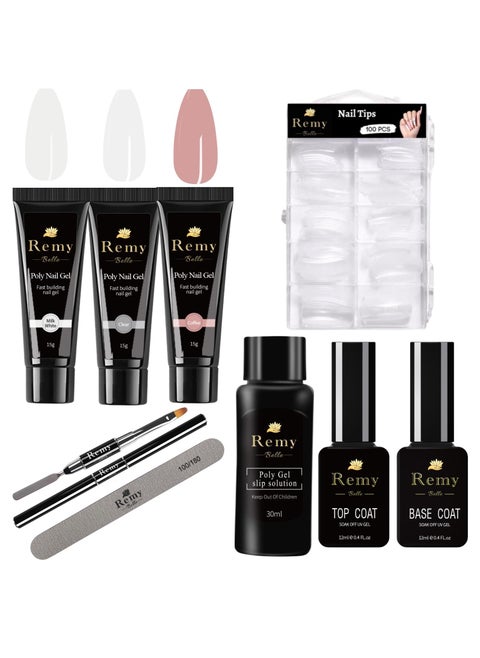 Poly Nail Gel Acrylic Kit 3 Colors with Slip Solution Top Base Coat for Nail Manicure DIY at Home (Natural)