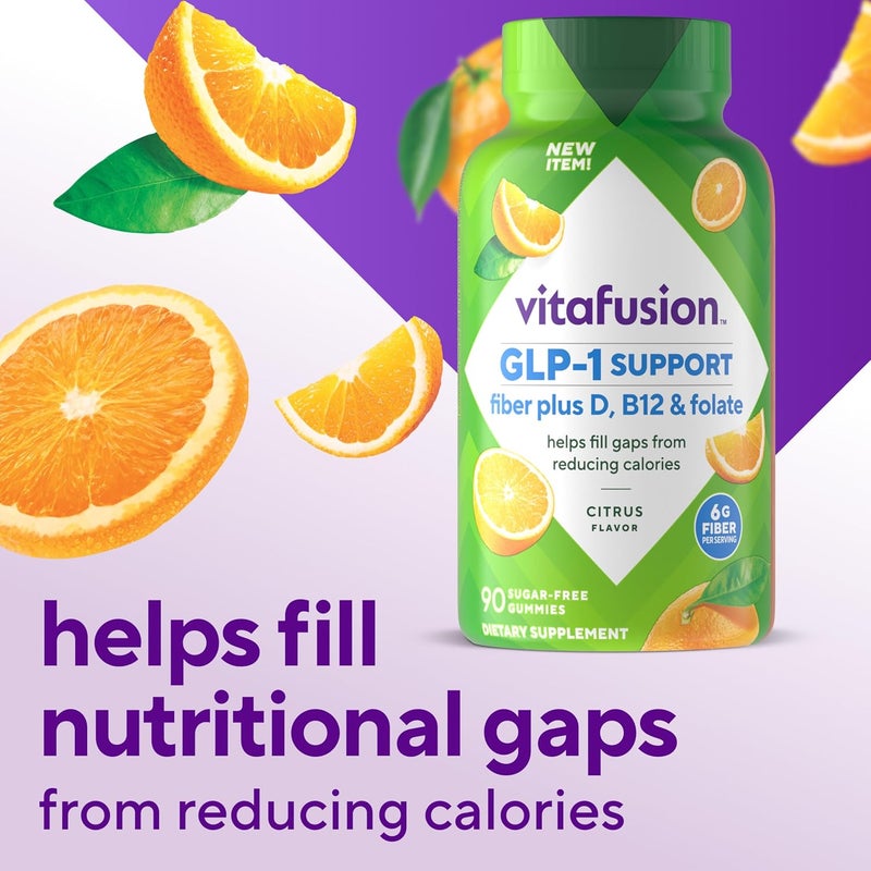 Vitafusion GLP1 Support Fiber Plus Vitamins D B12 and Folate Gummy Vitamins Citrus Flavor Sugar Free 90 Count 30 Day Supply - Image 5