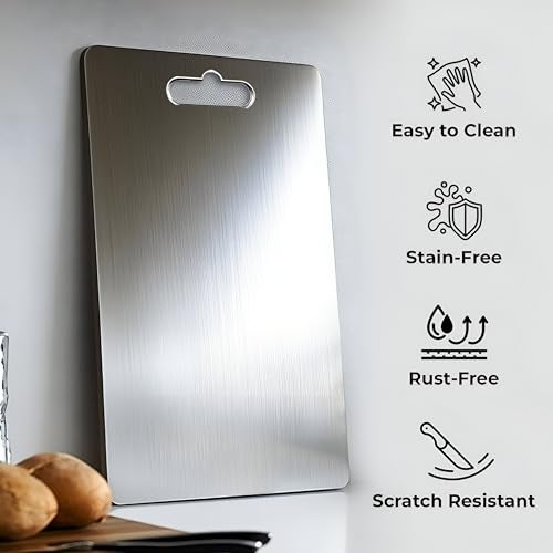 Homeor Large 304 Stainless Steel Cutting Board For Kitchen-Premium Vegetable And Fruit Cutter,Heavy-Duty Metal Chopping Board,Rust-Free,Anti-Bacterial,Cutting Board For Kitchen (36 Cm X 26 CM),Silver - Image 3