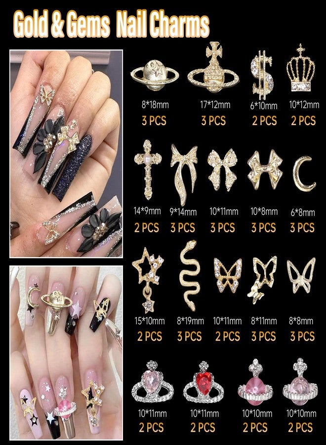 Uotey 105 Pcs Silver+Gold Nail Gems Charms, Planet Crown Dollar Nail Gems Snake Star Bow Nail Charms 3D Cross Nail Art Jewelry Charms + Gold Dollar Charms for Nail Art DIY Jewel Accessories - Image 3