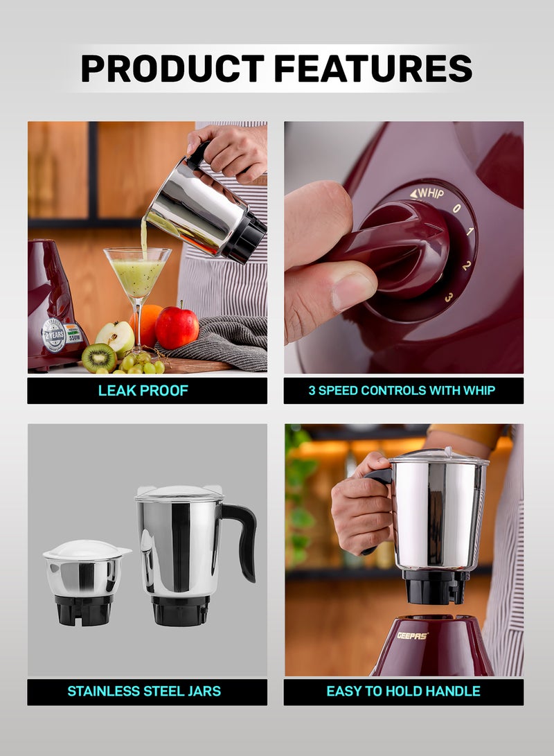 GEEPAS 2-In-1 Mixer Grinder With Stainless Steel Jar And Blade/3 Speed Control/Overload Protection 550 W GSB44091 Maroon/Black/Silver - Image 3