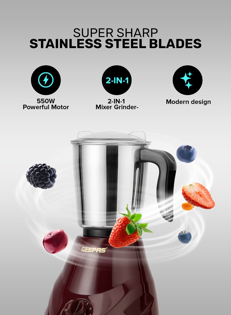GEEPAS 2-In-1 Mixer Grinder With Stainless Steel Jar And Blade/3 Speed Control/Overload Protection 550 W GSB44091 Maroon/Black/Silver - Image 5