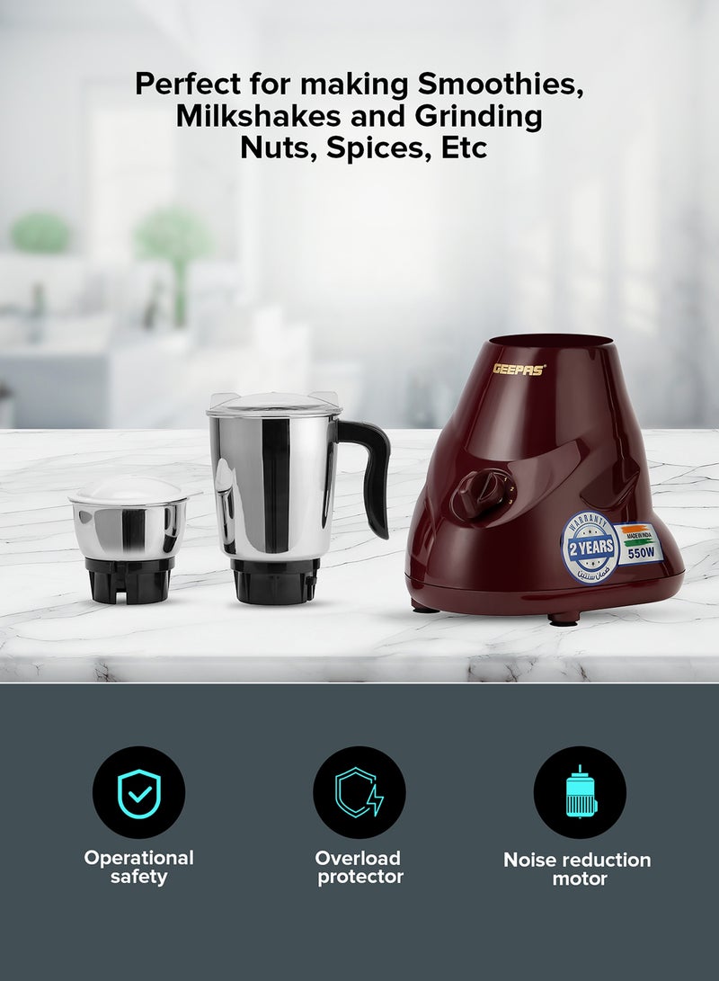 GEEPAS 2-In-1 Mixer Grinder With Stainless Steel Jar And Blade/3 Speed Control/Overload Protection 550 W GSB44091 Maroon/Black/Silver - Image 4