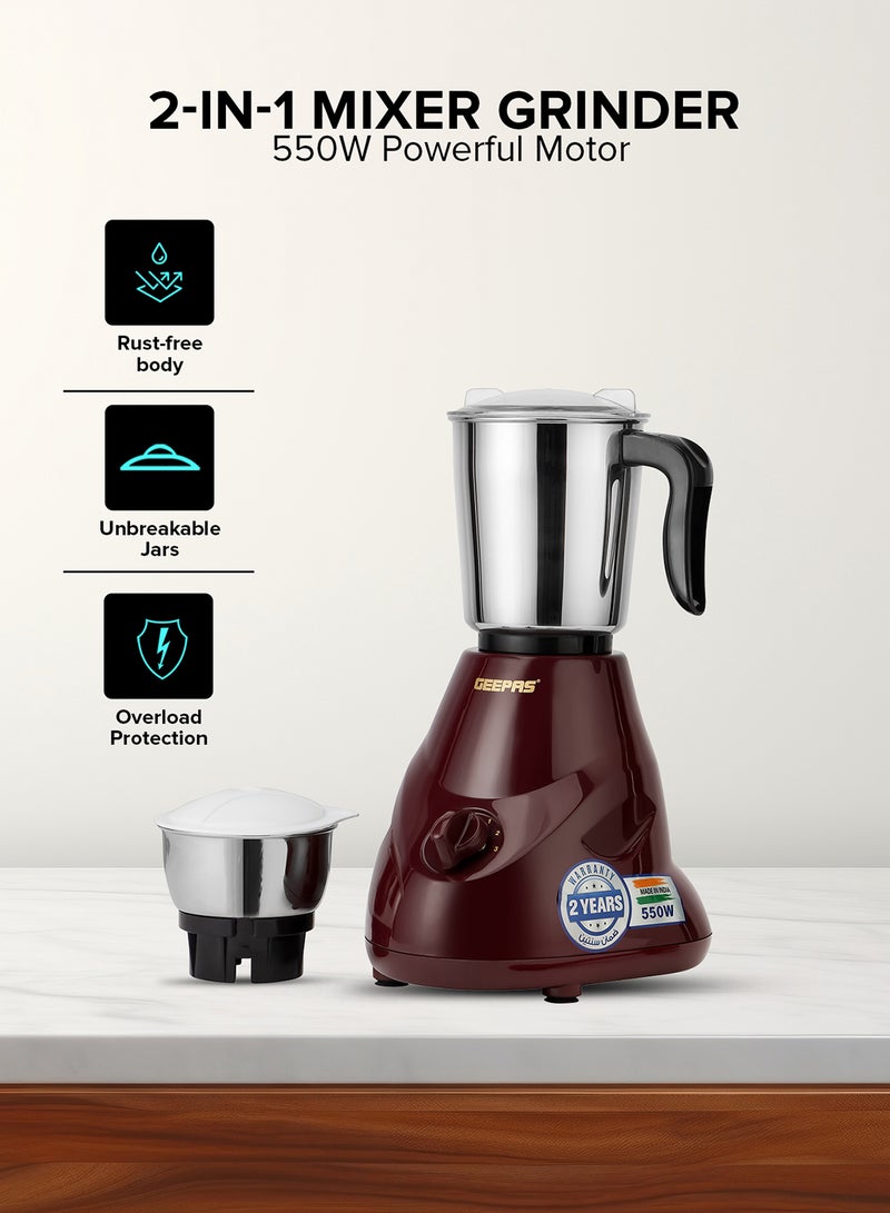 GEEPAS 2-In-1 Mixer Grinder With Stainless Steel Jar And Blade/3 Speed Control/Overload Protection 550 W GSB44091 Maroon/Black/Silver - Image 2