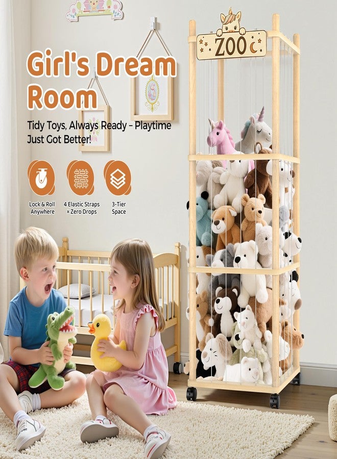 Vecxoty Stuffed Animal Storage Zoo Tower,56In Wooden Large Stuffed Animal Holder Organizer with Wheels,Stuffy Plushies Storage with Elastic Band&Mesh Bottom,Toy Storage Organizers for Playroom Bedroom Nursery - Image 3