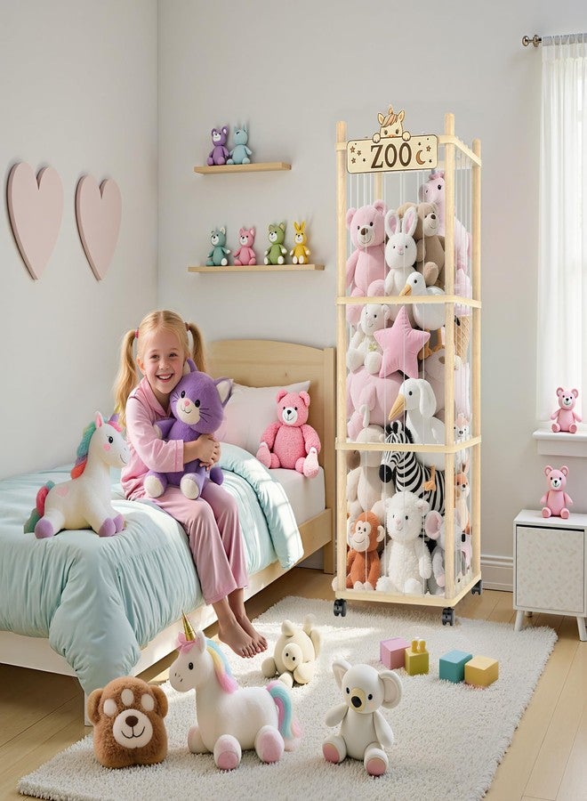 Vecxoty Stuffed Animal Storage Zoo Tower,56In Wooden Large Stuffed Animal Holder Organizer with Wheels,Stuffy Plushies Storage with Elastic Band&Mesh Bottom,Toy Storage Organizers for Playroom Bedroom Nursery - Image 2