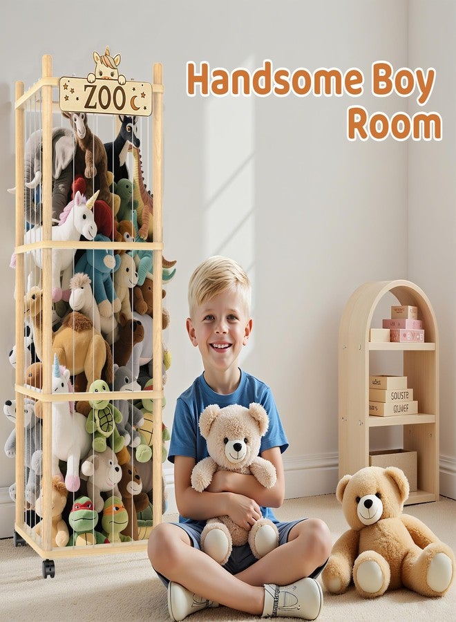 Vecxoty Stuffed Animal Storage Zoo Tower,56In Wooden Large Stuffed Animal Holder Organizer with Wheels,Stuffy Plushies Storage with Elastic Band&Mesh Bottom,Toy Storage Organizers for Playroom Bedroom Nursery - Image 5