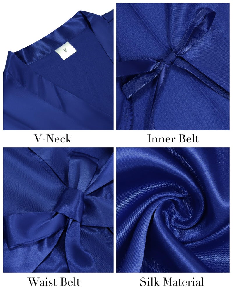 Vlazom Women's Kimono Robes Short Satin Pure Color Bridal Party Robe with Oblique V-Neck Dark Blue - Image 3