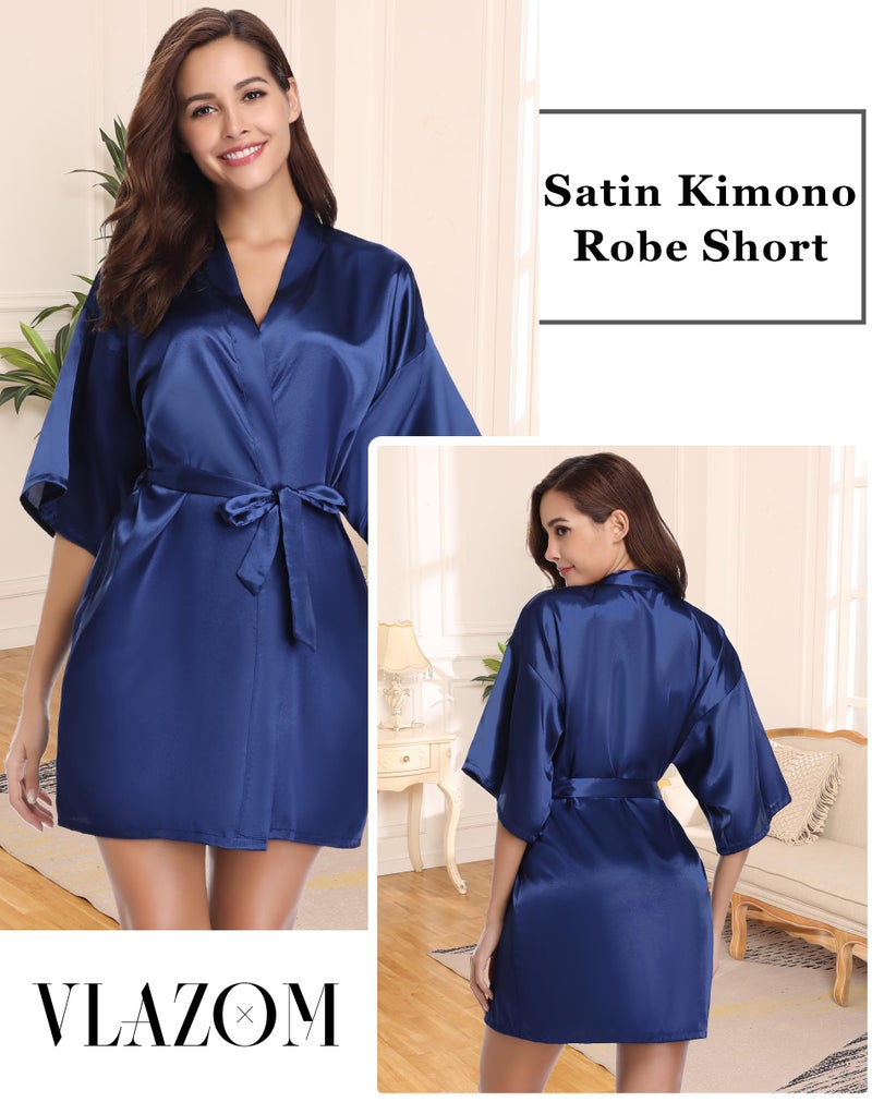 Vlazom Women's Kimono Robes Short Satin Pure Color Bridal Party Robe with Oblique V-Neck Dark Blue - Image 2