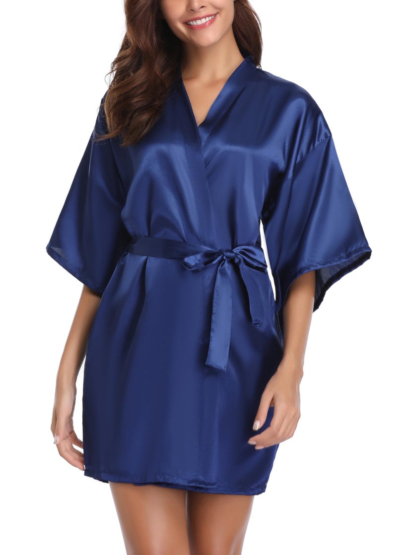 Vlazom Women's Kimono Robes Short Satin Pure Color Bridal Party Robe with Oblique V-Neck Dark Blue - Image 1