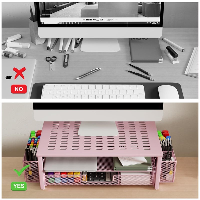 gianotter Desk Organizers and Accessories, Monitor Stand with Drawer and 2 Pen Holder, Desktop Organizer Suitable for Offices and Dormitories (Pink) - Image 2