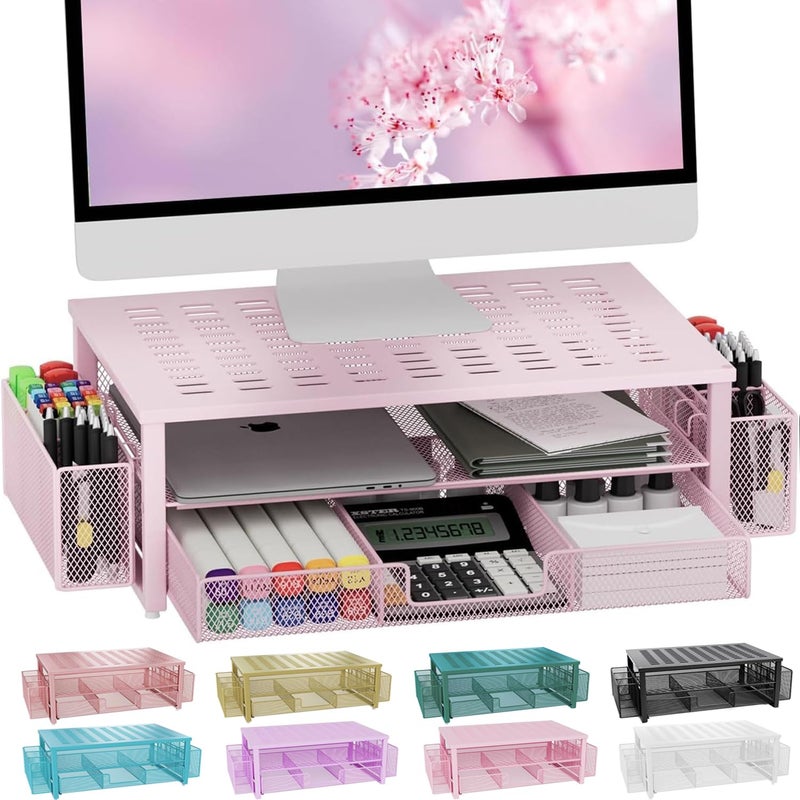 gianotter Desk Organizers and Accessories, Monitor Stand with Drawer and 2 Pen Holder, Desktop Organizer Suitable for Offices and Dormitories (Pink) - Image 1