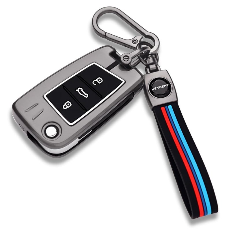 Keycept™ Metal Alloy keycover for Skoda and Volkswagen -Kushaq| Octavia| Kodiaq| Kylaq| Karoq| Superb| Slavia| Passat| Taigun| Tiguan| Virtus| T Roc 3 button flip key with Keychain (Long Keychain). - Image 1