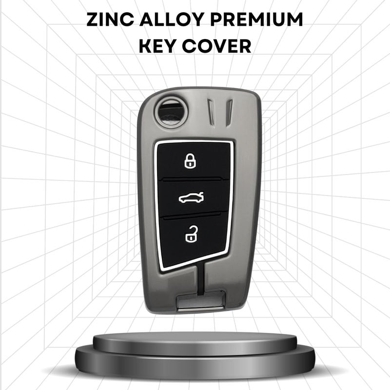 Keycept™ Metal Alloy keycover for Skoda and Volkswagen -Kushaq| Octavia| Kodiaq| Kylaq| Karoq| Superb| Slavia| Passat| Taigun| Tiguan| Virtus| T Roc 3 button flip key with Keychain (Long Keychain). - Image 3