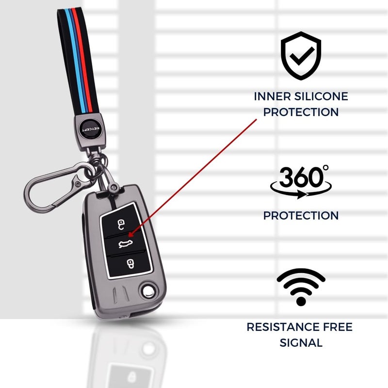 Keycept™ Metal Alloy keycover for Skoda and Volkswagen -Kushaq| Octavia| Kodiaq| Kylaq| Karoq| Superb| Slavia| Passat| Taigun| Tiguan| Virtus| T Roc 3 button flip key with Keychain (Long Keychain). - Image 5