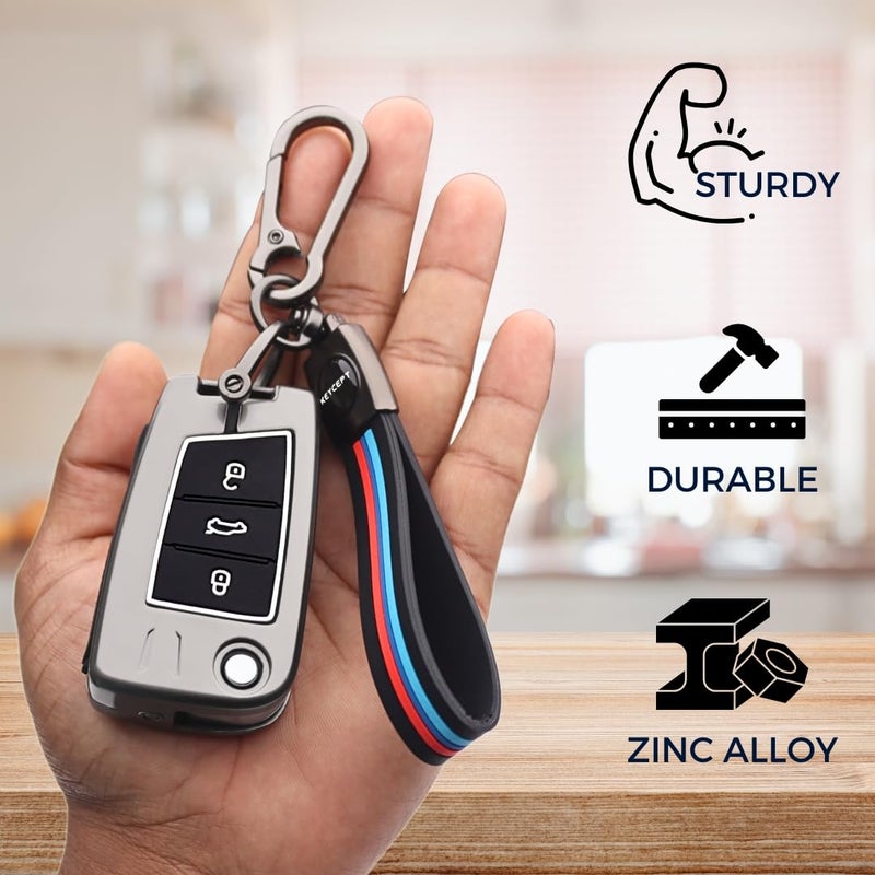 Keycept™ Metal Alloy keycover for Skoda and Volkswagen -Kushaq| Octavia| Kodiaq| Kylaq| Karoq| Superb| Slavia| Passat| Taigun| Tiguan| Virtus| T Roc 3 button flip key with Keychain (Long Keychain). - Image 4