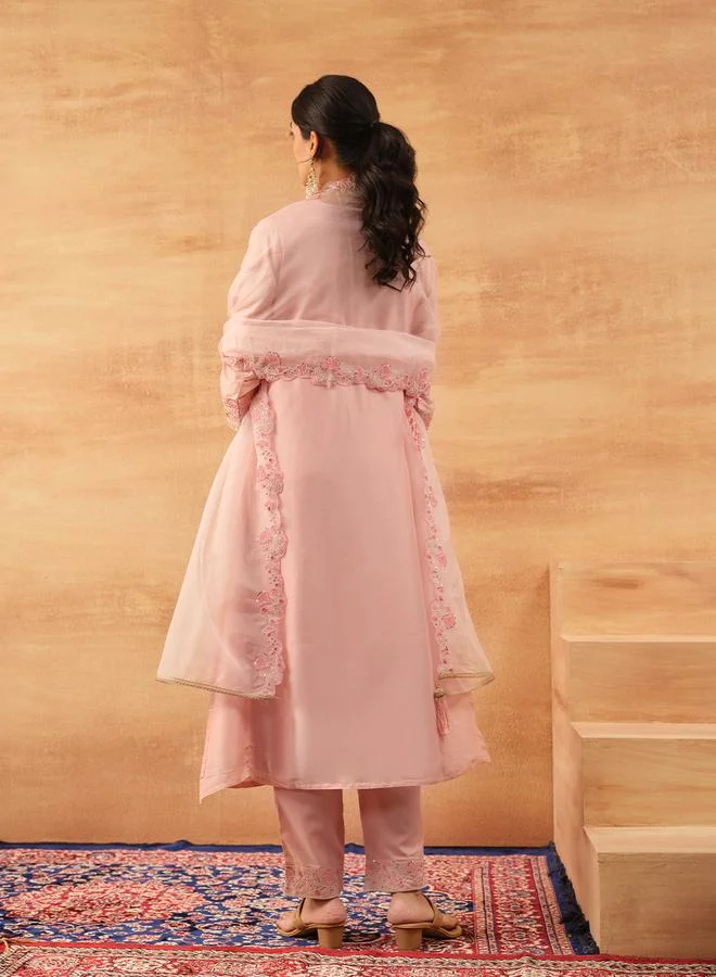 ISHIN Women's Peach Silk Blend Embellished Tunic Top With Ankle Palazzo Flared 3 Peice Kurta Set