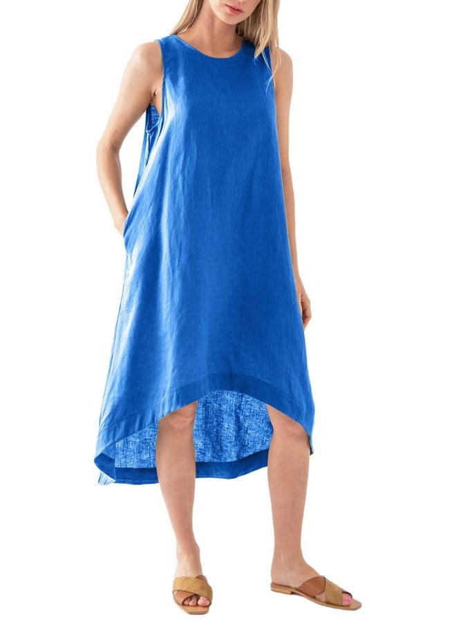 Amazhiyu Women's 100% Linen High Low Midi Dress with Pockets for Summer Casual Flowy Dresses, Blue, 3XL - Image 1