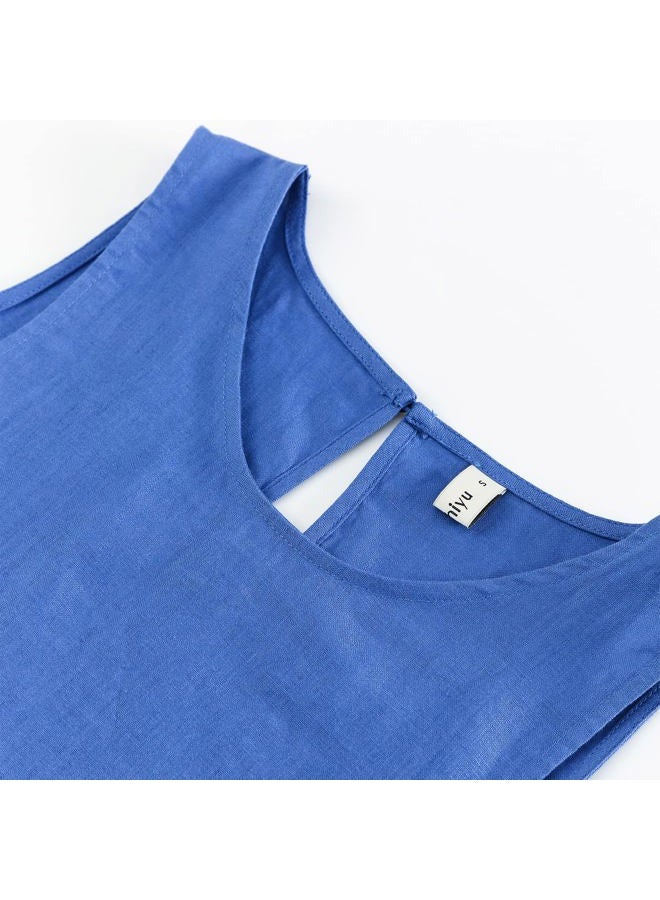 Amazhiyu Women's 100% Linen High Low Midi Dress with Pockets for Summer Casual Flowy Dresses, Blue, 3XL - Image 3