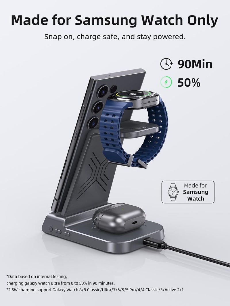 شاحن لاسلكي لـ Samsung Galaxy S25 Ultra، شاحن سامسونج لـ Galaxy Watch 7 Ultra 6 5، لوحة شحن 3 في 1 لهواتف Android لـ S24 Z Flip 6 و Galaxy Buds Pro 2 (رمادي) - Image 5
