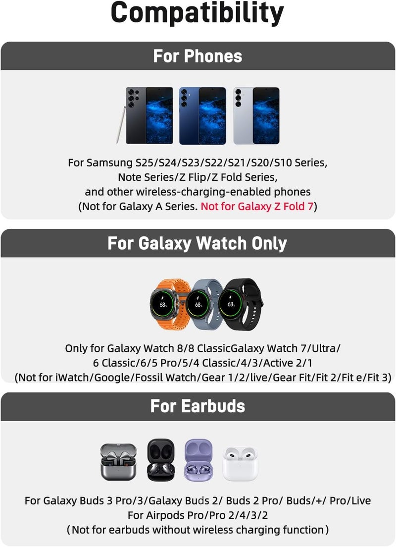شاحن لاسلكي لـ Samsung Galaxy S25 Ultra، شاحن سامسونج لـ Galaxy Watch 7 Ultra 6 5، لوحة شحن 3 في 1 لهواتف Android لـ S24 Z Flip 6 و Galaxy Buds Pro 2 (رمادي) - Image 3