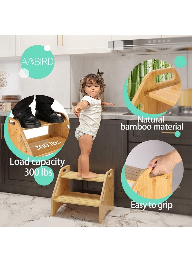 AMBIRD Wooden Step Stool, Two Step Stools Toddler 300 lbs Capacity with Safety Non-Slip Pads and Handles, Bamboo Step Stool for Bathroom, Kitchen Dual Height Step Stools for Kids (Natural) - Image 2