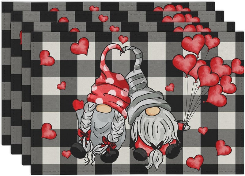 Farg Spring Gnome Placemats Mothers Day Placemat Set of 4 Black White Buffalo Check Plaid Washable Place mats 12 x 18 Inches Valentines Wedding Holiday Dining Table Mats Indoor for Kitchen Table - Image 1