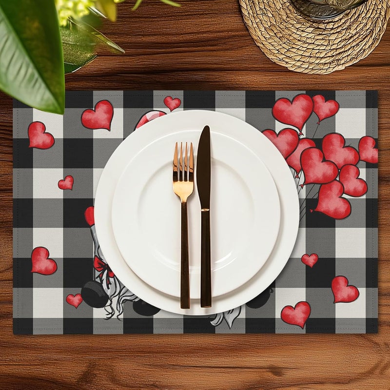 Farg Spring Gnome Placemats Mothers Day Placemat Set of 4 Black White Buffalo Check Plaid Washable Place mats 12 x 18 Inches Valentines Wedding Holiday Dining Table Mats Indoor for Kitchen Table - Image 2
