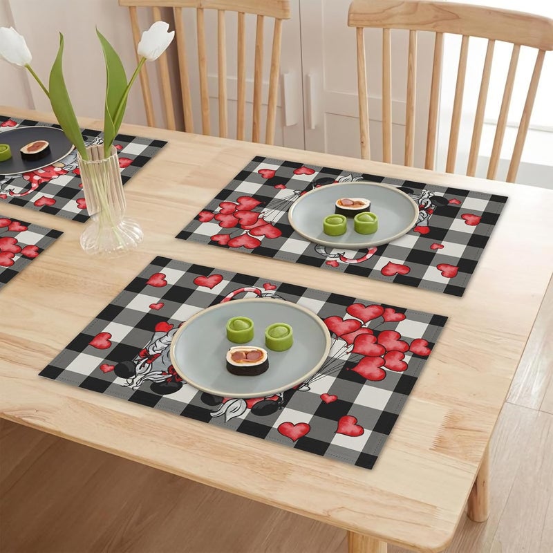 Farg Spring Gnome Placemats Mothers Day Placemat Set of 4 Black White Buffalo Check Plaid Washable Place mats 12 x 18 Inches Valentines Wedding Holiday Dining Table Mats Indoor for Kitchen Table - Image 5