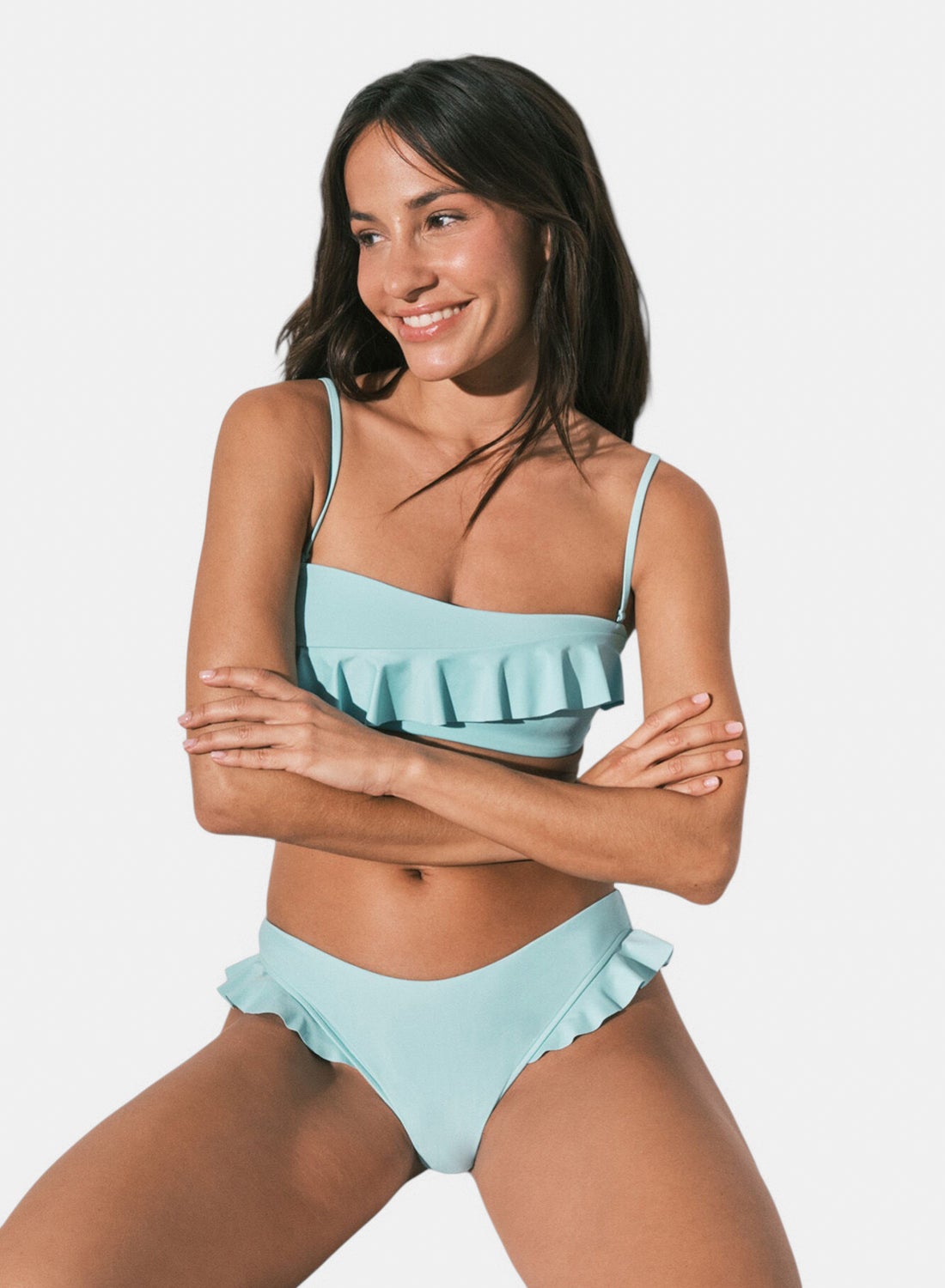 Blue ruffled Brazilian bikini bottoms- one piece
