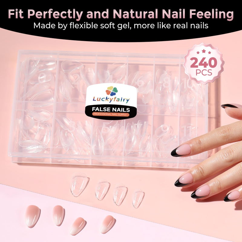 Luckyfairy Short Almond Nail Tips, 240pcs Soft Nail Gel Tips Pre-Shaped Acrylic Fake Nails, Half Matte Full Cover Clear Gelly Press on Flase Nail Tips for Extension Nail Manicure Home DIY 12 Sizes Gelly Tips - Image 5