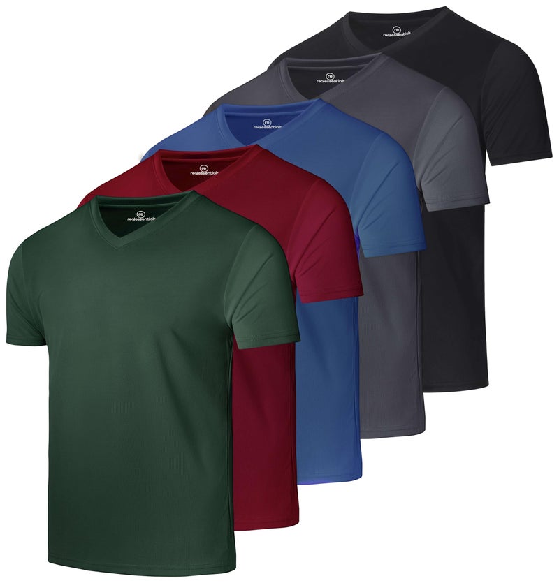 REALESSENTIALS Real Essentials 5 Pack: Men's Mesh Short Sleeve V-Neck T-Shirt | Athletic Dry Fit V Neck Workout Shirt,Set 4-3XL - Image 1