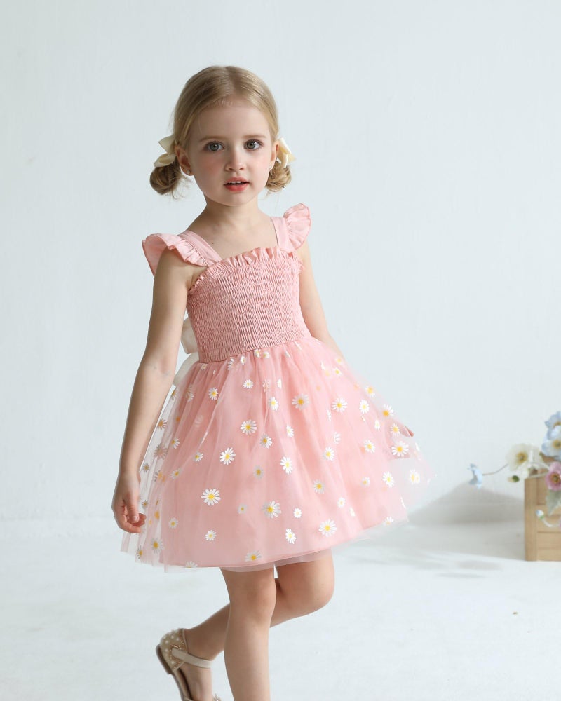 Saeaby Infant Baby Dress 6 9 Month Girl Clothes Halter Pink Fairy Tulle Party Birthday Dresses Boho Daisy Smocked Beach Sundress Outfit 6-12 Months - Image 3