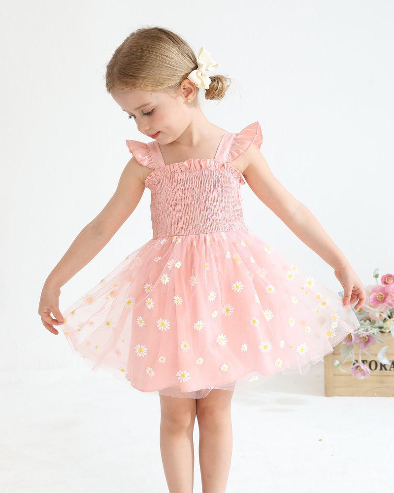 Saeaby Infant Baby Dress 6 9 Month Girl Clothes Halter Pink Fairy Tulle Party Birthday Dresses Boho Daisy Smocked Beach Sundress Outfit 6-12 Months - Image 2