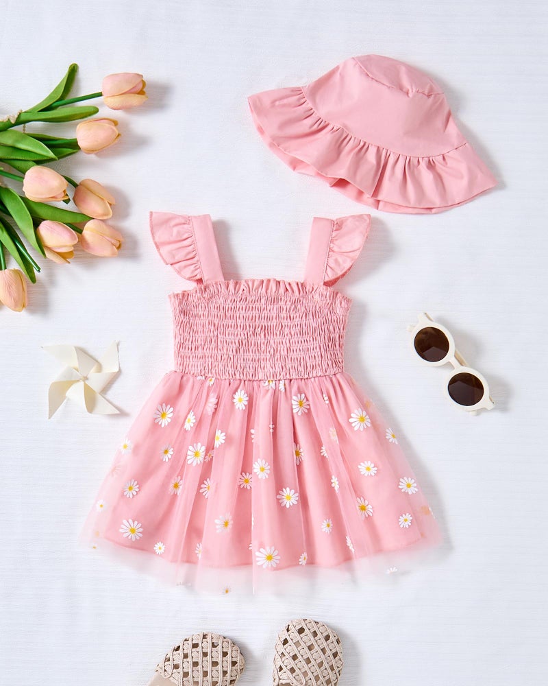 Saeaby Infant Baby Dress 6 9 Month Girl Clothes Halter Pink Fairy Tulle Party Birthday Dresses Boho Daisy Smocked Beach Sundress Outfit 6-12 Months - Image 5