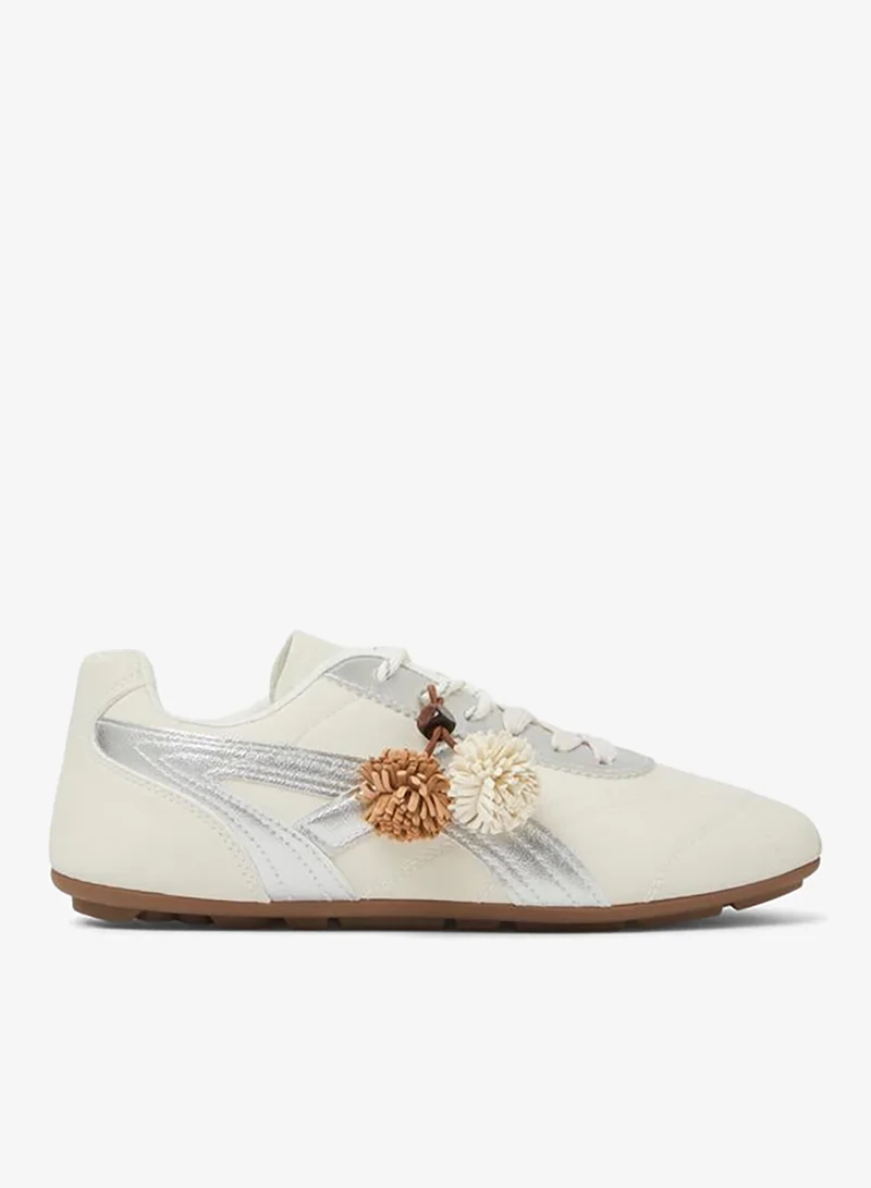 Styli White Lace-Up Retro Sneakers with Pom-Pom Charm
