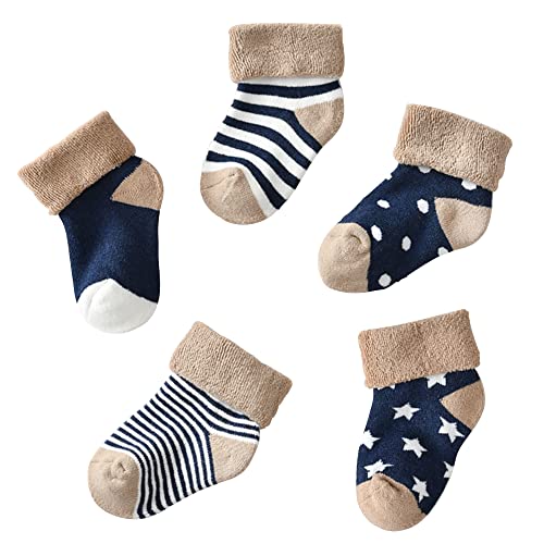MumsLap Baby Socks for Boys and Girls | Cotton Blend Ankle Length Winter warm Socks for Newborns Toddlers | Soft Breathable Terry Socks with Sweat Absorption, 5 Pairs (Dark Blue, 0 to 12 Months) - Image 1