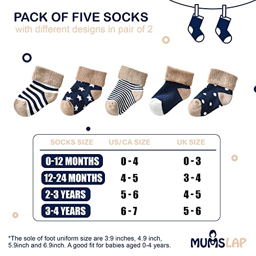 MumsLap Baby Socks for Boys and Girls | Cotton Blend Ankle Length Winter warm Socks for Newborns Toddlers | Soft Breathable Terry Socks with Sweat Absorption, 5 Pairs (Dark Blue, 0 to 12 Months) - Image 5