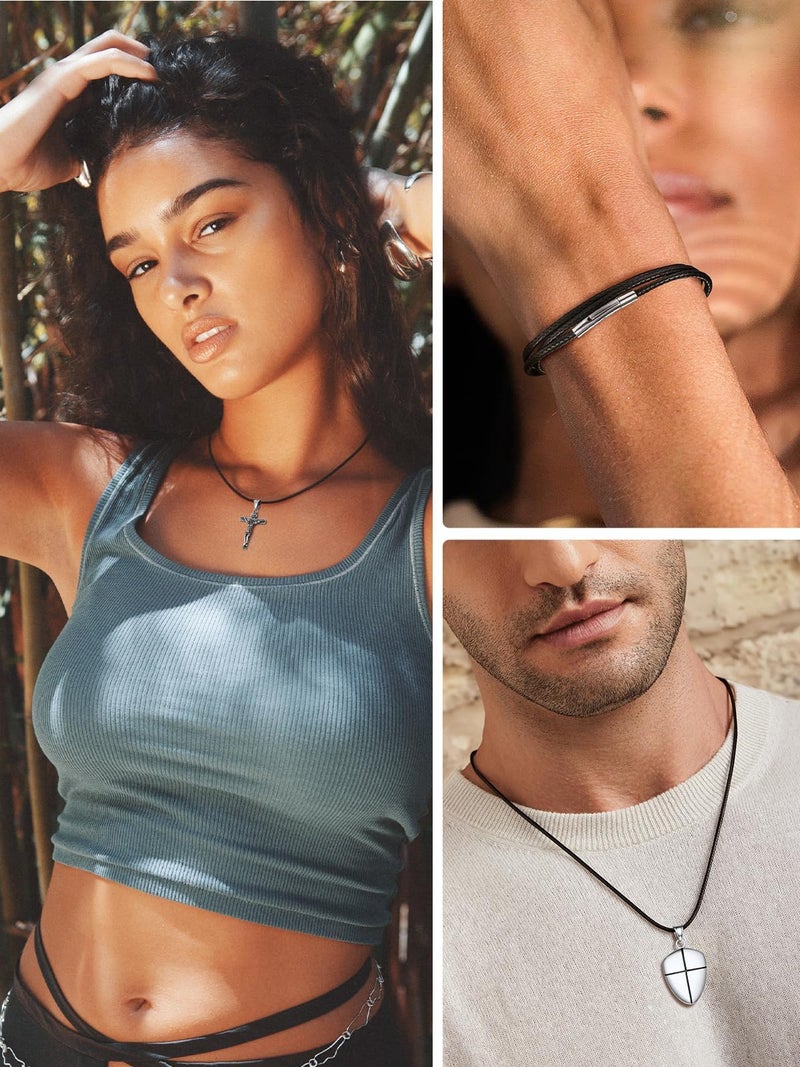 U7 Black Leather Cord Necklace with Stainless Steel Clasp, Men Women 2mm Wide Woven Wax Rope Chain for Pendant, Length 20 Inch - Image 3
