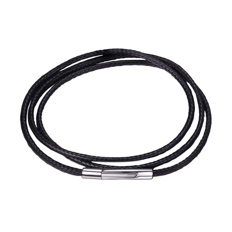 U7 Black Leather Cord Necklace with Stainless Steel Clasp, Men Women 2mm Wide Woven Wax Rope Chain for Pendant, Length 20 Inch - Image 1