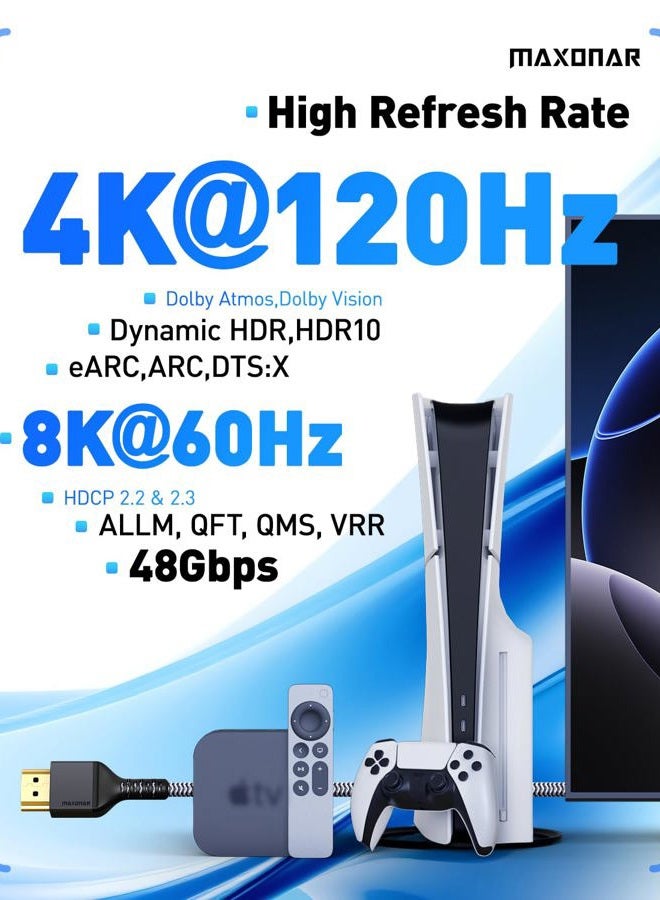 Maxonar 8K HDMI Cables 3.3FT/1M, (Certified) Ultra High Speed 48Gbps HDMI 2.1 Cord 8K60 4K120 144Hz eARC HDCP 2.2&2.3 Compatible with Playstation 5/PS5, Xbox Series X, Blu-ray, Roku V, Fire TV - Image 3