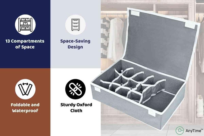 ANYTIME Set of 1 Undergarment Drawer Organizer 12+1 Compartment,Foldable Closet Wardrobe Organizer,Scarf,Bra,Undergarments,Belt,Lingerie, Socks,Foldable Storage Box Men & Women | Grey - Image 4
